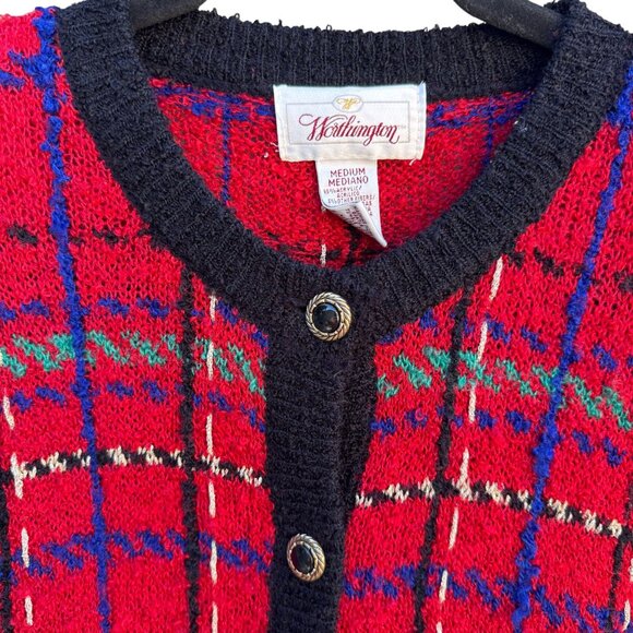 Worthington Vintage Old Money Red Plaid Button-Up Boucle Knit Cardigan Sweater M - Picture 6 of 12